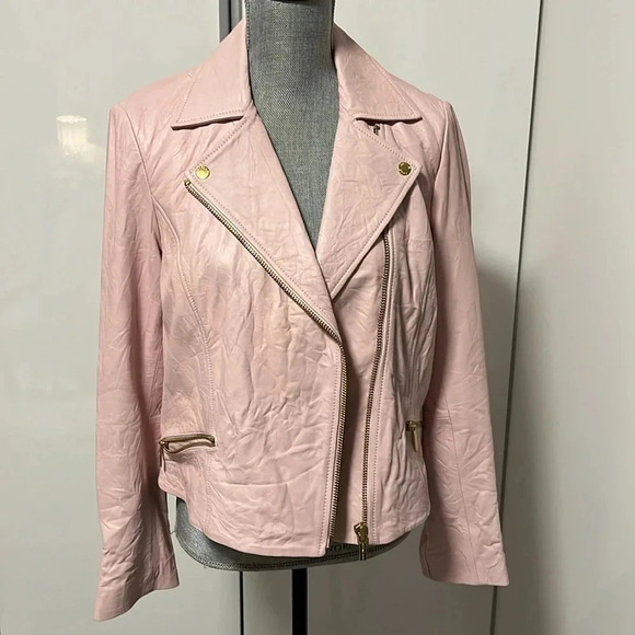 NWOT MICHAEL KORS Genuine Leather Pink Moto Jacket, Size L - Picture 10 of 16